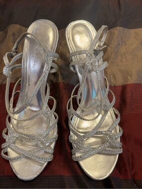 A Touch of Class Silver Strappy Rhinestone Evening Sandals - Women